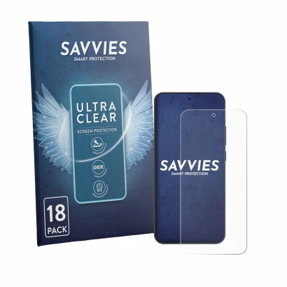 Front side of a product packaging with the brand logo Savvies. Next to it is the device Oppo Reno 13 shown with the correspond
