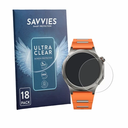 Front side of a product packaging with the brand logo Savvies. Next to it is the device Oppo Watch X3 shown with the correspon