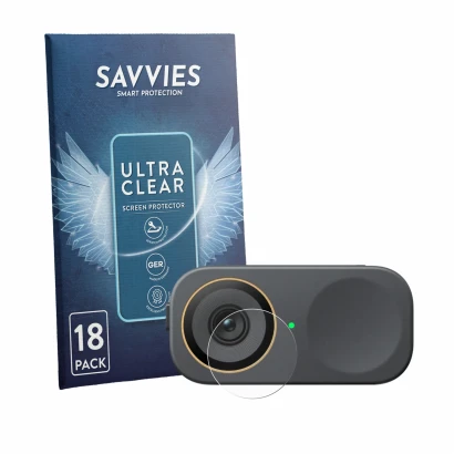 Front side of a product packaging with the brand logo Savvies. Next to it is the device Insta360 Link 2C Pro (Lens) shown with