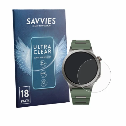 Front side of a product packaging with the brand logo Savvies. Next to it is the device OnePlus Watch 4 shown with the corresp