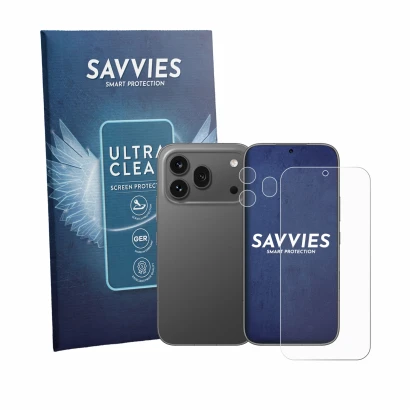 Front side of a product packaging with the brand logo Savvies. Next to it is the device Honor 600 Pro (Front+Camera) shown wit