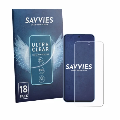 Front side of a product packaging with the brand logo Savvies. Next to it is the device Tecno Spark 50 Pro shown with the corr
