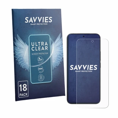 Front side of a product packaging with the brand logo Savvies. Next to it is the device Xiaomi 17T Pro shown with the correspo