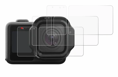 Image of the device GoPro Mission 1 with a wide variety of screen protectors.