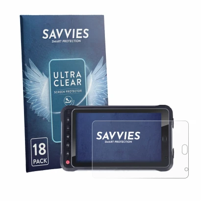 Front side of a product packaging with the brand logo Savvies. Next to it is the device Hugerock X72 shown with the correspond