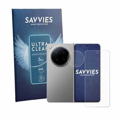 Front side of a product packaging with the brand logo Savvies. Next to it is the device Oppo Find N6 (Front+Camera) shown with