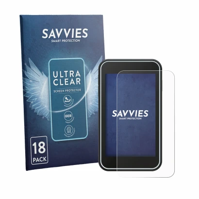 Front side of a product packaging with the brand logo Savvies. Next to it is the device Shot Scope H50 shown with the correspo