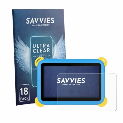 Front side of a product packaging with the brand logo Savvies. Next to it is the device Laptok Kt1008 7" shown with the corres