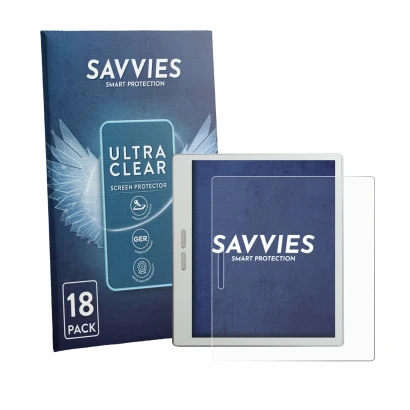 Front side of a product packaging with the brand logo Savvies. Next to it is the device Bigme B7 Pro shown with the correspond