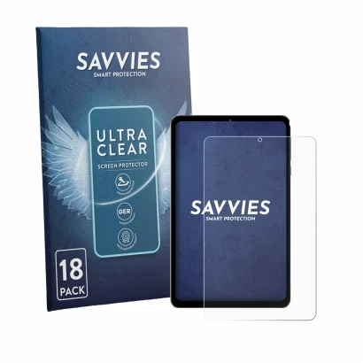 Front side of a product packaging with the brand logo Savvies. Next to it is the device Headwolf FPad 6 shown with the corresp