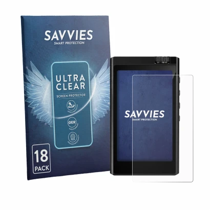 Front side of a product packaging with the brand logo Savvies. Next to it is the device Surfans F35 shown with the correspondi
