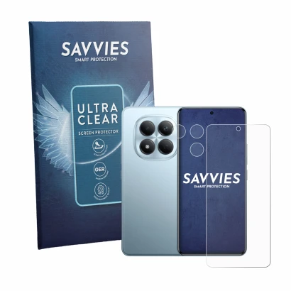 Front side of a product packaging with the brand logo Savvies. Next to it is the device Xiaomi Redmi Note 15 Pro 4G (Front+Cam