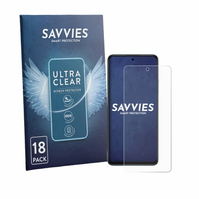 Front side of a product packaging with the brand logo Savvies. Next to it is the device Huawei Nova Y74 shown with the corresp