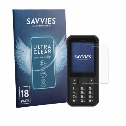 Front side of a product packaging with the brand logo Savvies. Next to it is the device AGM M11 shown with the corresponding s