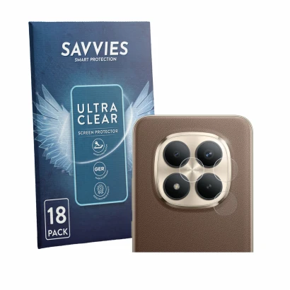 Front side of a product packaging with the brand logo Savvies. Next to it is the device Xiaomi Redmi Note 15 Pro Plus 5G (ONLY