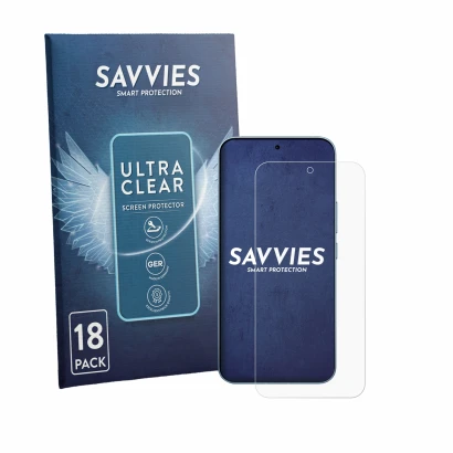 Front side of a product packaging with the brand logo Savvies. Next to it is the device Xiaomi Redmi K90 Ultra shown with the 