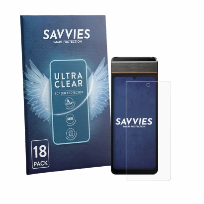 Front side of a product packaging with the brand logo Savvies. Next to it is the device Sunmi V3e shown with the corresponding