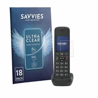 Front side of a product packaging with the brand logo Savvies. Next to it is the device Gigaset C575A shown with the correspon