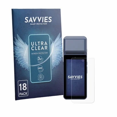 Front side of a product packaging with the brand logo Savvies. Next to it is the device Pax M9200 shown with the corresponding
