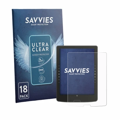Front side of a product packaging with the brand logo Savvies. Next to it is the device inkBOOK Solaris shown with the corresp