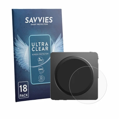 Front side of a product packaging with the brand logo Savvies. Next to it is the device FiiO SnowSky Disc shown with the corre