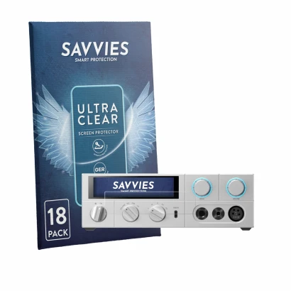 Front side of a product packaging with the brand logo Savvies. Next to it is the device FiiO K15 shown with the corresponding 