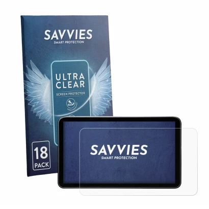 Front side of a product packaging with the brand logo Savvies. Next to it is the device Portkeys LS7P 7" shown with the corres