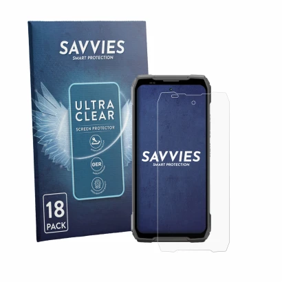 Front side of a product packaging with the brand logo Savvies. Next to it is the device Blackview Xplore 6 shown with the corr