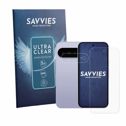 Front side of a product packaging with the brand logo Savvies. Next to it is the device Google Pixel 11 (Front+Camera) shown w