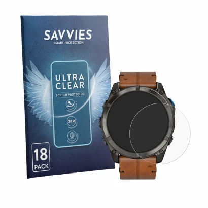 Front side of a product packaging with the brand logo Savvies. Next to it is the device Garmin D2 Mach 2 Pro (51 mm) shown wit