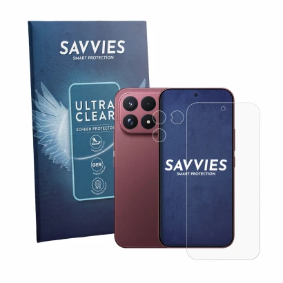 Front side of a product packaging with the brand logo Savvies. Next to it is the device Xiaomi Poco F9 Ultra (Front+Camera) sh