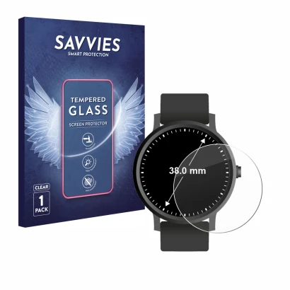 Front side of a product packaging with the brand logo Savvies. Next to it is the device Watches (Circular, ø: 38 mm) shown wit