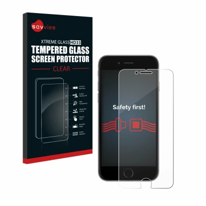 Front side of a product packaging with the brand logo Savvies. Next to it is the device Apple iPhone 6 shown with the correspo