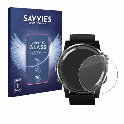 Front side of a product packaging with the brand logo Savvies. Next to it is the device Garmin Descent Mk1 shown with the corr