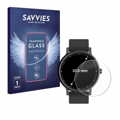 Front side of a product packaging with the brand logo Savvies. Next to it is the device Circular Displays (ø: 33 mm) shown wit
