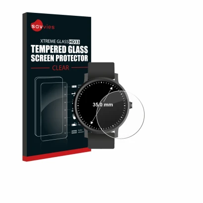 Front side of a product packaging with the brand logo Savvies. Next to it is the device Circular Displays (ø: 35 mm) shown wit