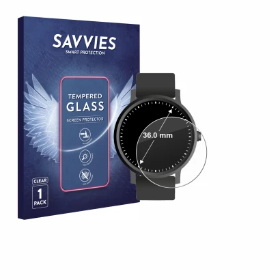 Front side of a product packaging with the brand logo Savvies. Next to it is the device Circular Displays (ø: 36 mm) shown wit