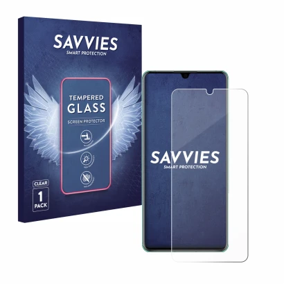 Front side of a product packaging with the brand logo Savvies. Next to it is the device Huawei P30 shown with the correspondin