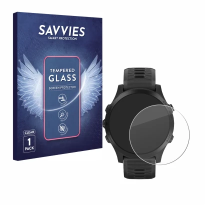 Front side of a product packaging with the brand logo Savvies. Next to it is the device Garmin Forerunner 945 shown with the c