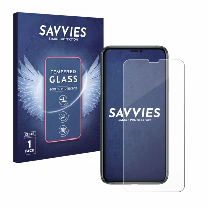 Front side of a product packaging with the brand logo Savvies. Next to it is the device Apple iPhone 11 Pro Max shown with the