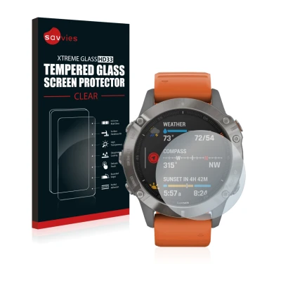 Front side of a product packaging with the brand logo Savvies. Next to it is the device Garmin Fenix 6 Pro Solar shown with th