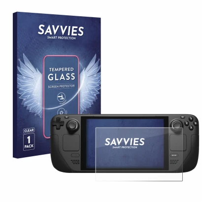 Front side of a product packaging with the brand logo Savvies. Next to it is the device Valve Steam Deck shown with the corres