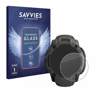 Front side of a product packaging with the brand logo Savvies. Next to it is the device Garmin Instinct 2X Solar shown with th