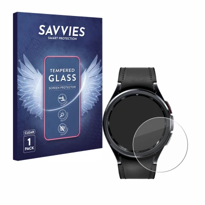Front side of a product packaging with the brand logo Savvies. Next to it is the device Samsung Galaxy Watch 6 Classic (47 mm)