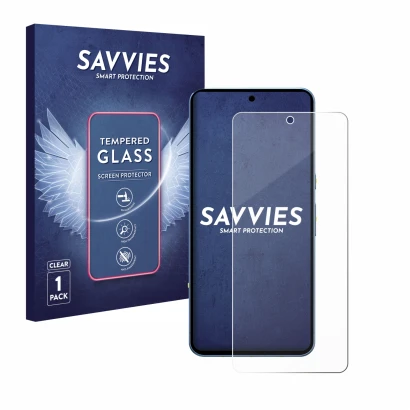 Front side of a product packaging with the brand logo Savvies. Next to it is the device Google Pixel 8 Pro shown with the corr