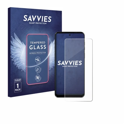 Front side of a product packaging with the brand logo Savvies. Next to it is the device Motorola Moto G14 shown with the corre