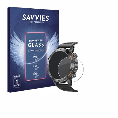 Front side of a product packaging with the brand logo Savvies. Next to it is the device Lemfo Smartwatch 1.39" shown with the 