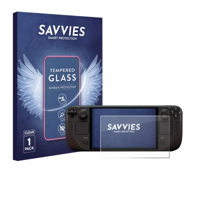 Front side of a product packaging with the brand logo Savvies. Next to it is the device Valve Steam Deck OLED shown with the c