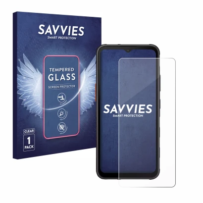 Front side of a product packaging with the brand logo Savvies. Next to it is the device Samsung Galaxy XCover 7 shown with the
