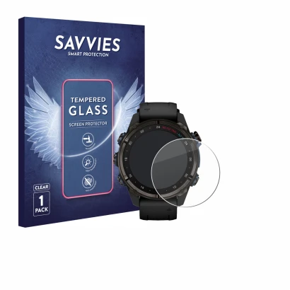Front side of a product packaging with the brand logo Savvies. Next to it is the device Garmin Descent Mk3i (43 mm) shown with